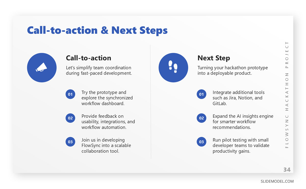 Next steps and CTA slide in a hackathon presentation