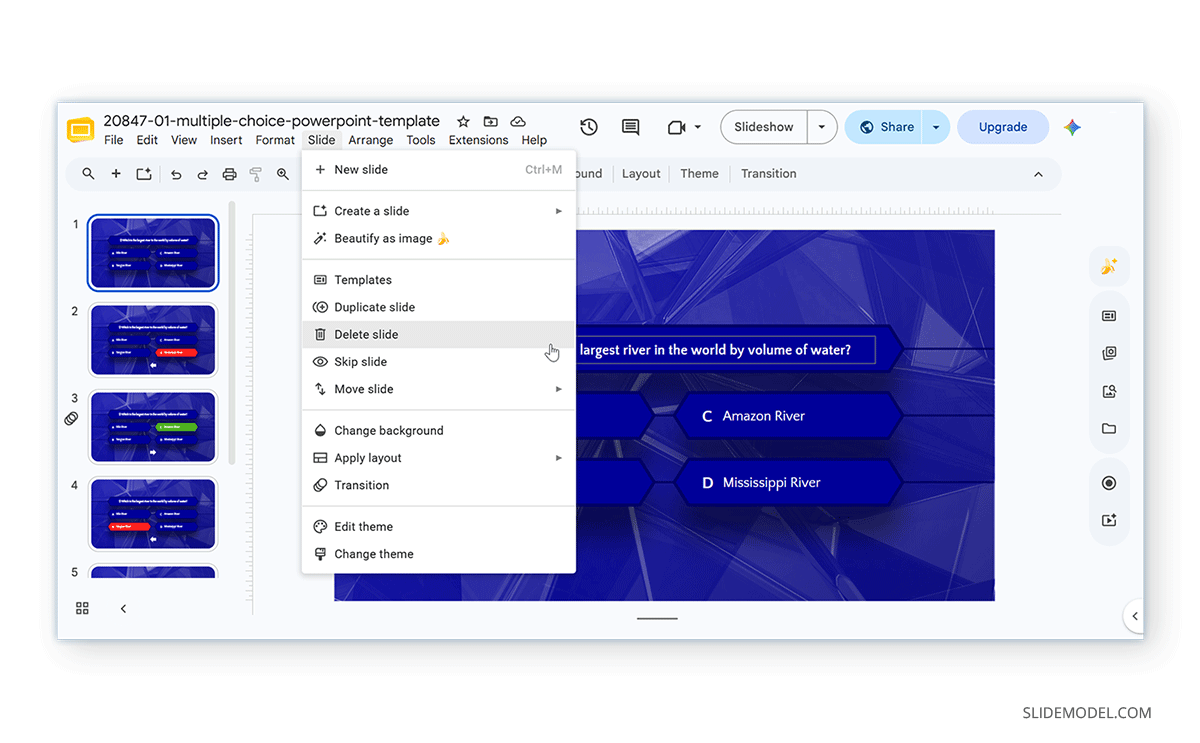 How to delete a slide in Google Slides via menu