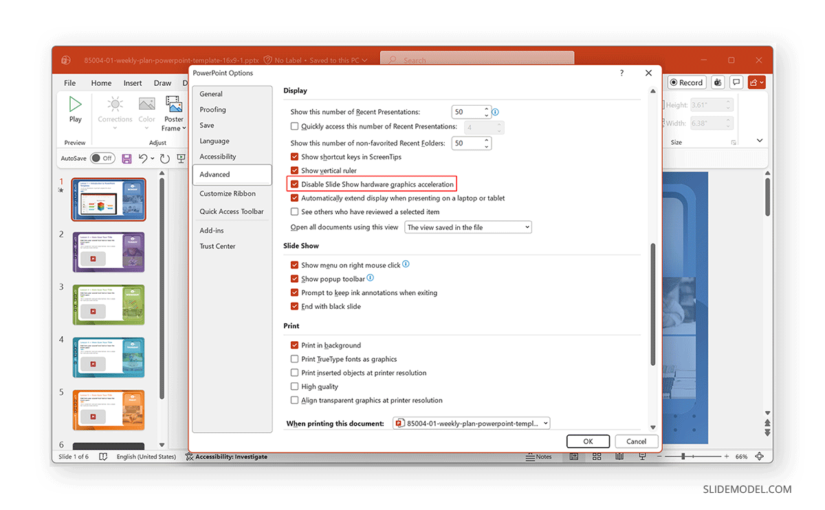 Disabling Slide Show hardware graphics acceleration