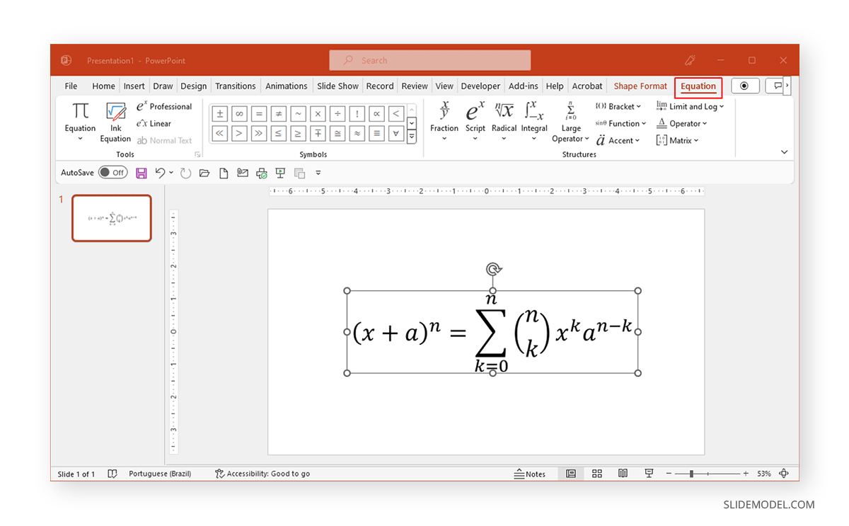Equation tab in PowerPoint
