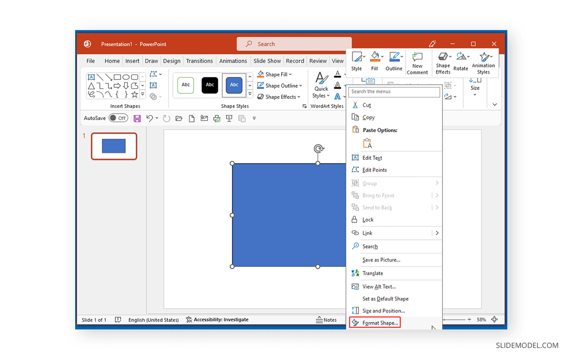 Locating Format Shape options