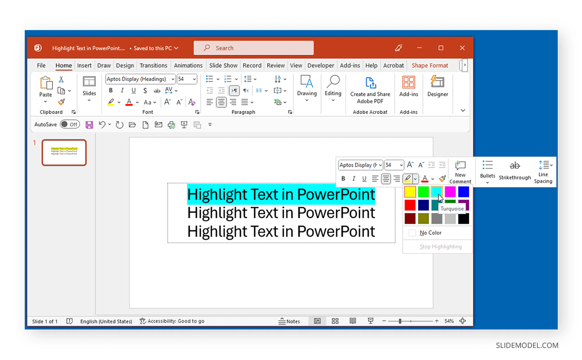 Highlighting text in PowerPoint from the contextual menu