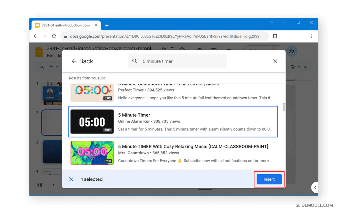 Inserting timer video in Google Slides
