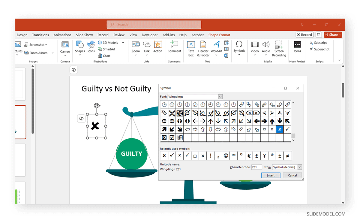 How to insert a cross checkmark in a PPT slide