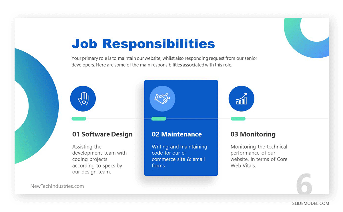 Slide highlighting the main responsibilities of a Junior Software Developer in a Job Description Template for PowerPoint