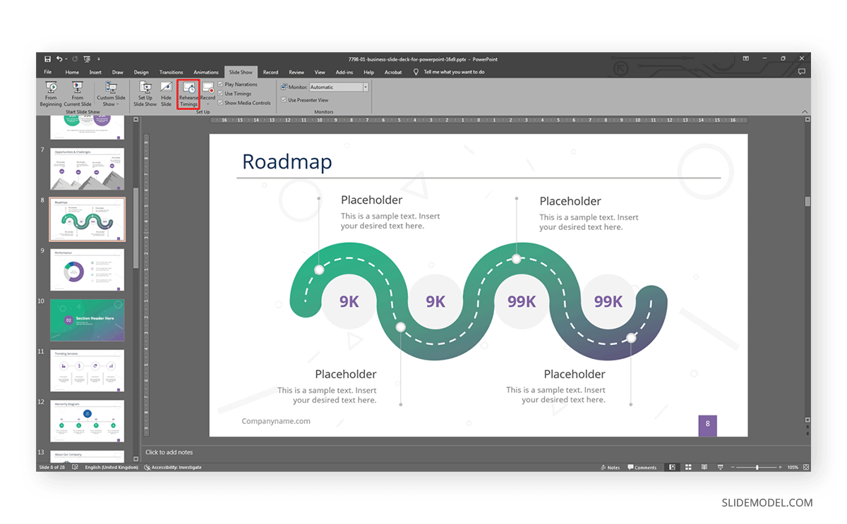 Locating the rehearsing timing options in PowerPoint