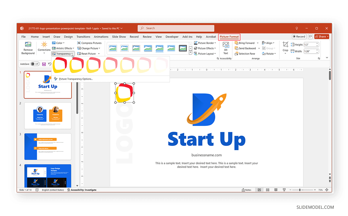 Adjusting logo transparency in PowerPoint