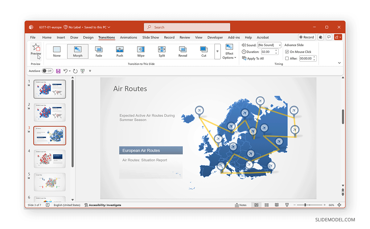 How to add morph transition to a PowerPoint map