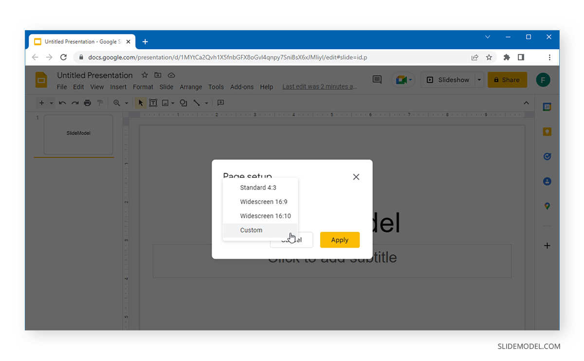 selecting custom page setup values