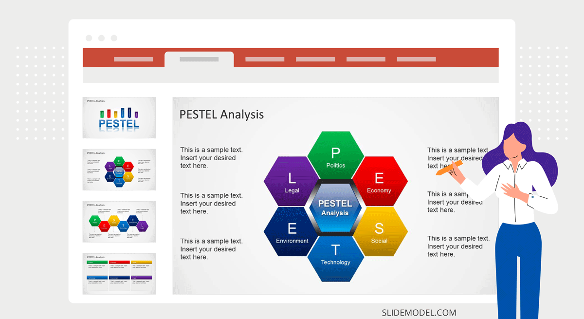 Example of PESTEL Analysis slide design for PowerPoint presentations with a circular diagram.