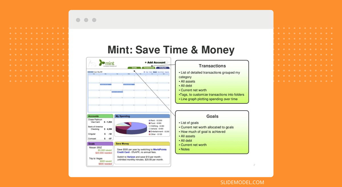 Mint Pitch Deck example slide design to save money showing a dashboard with transactions and goals