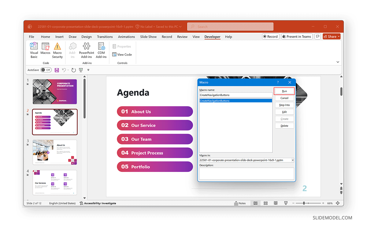 Settings for how to run a macro in PowerPoint