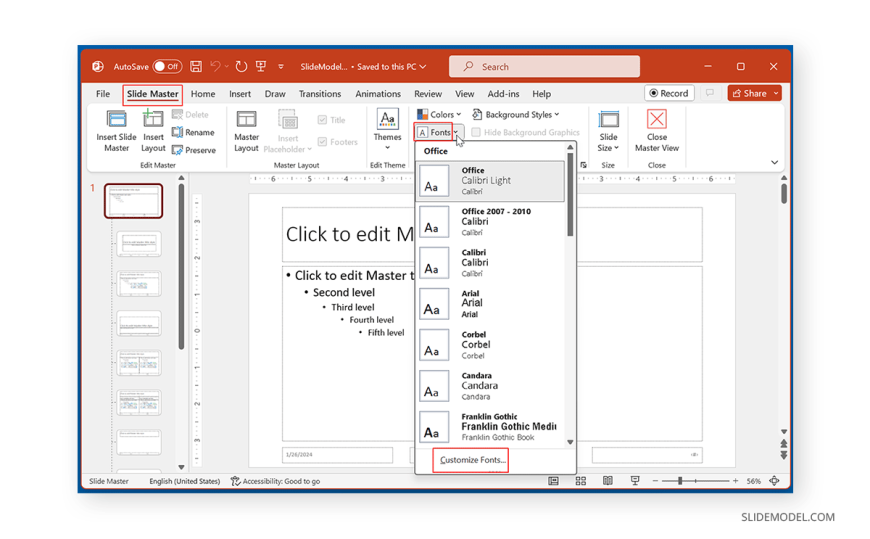 set the default font in powerpoint