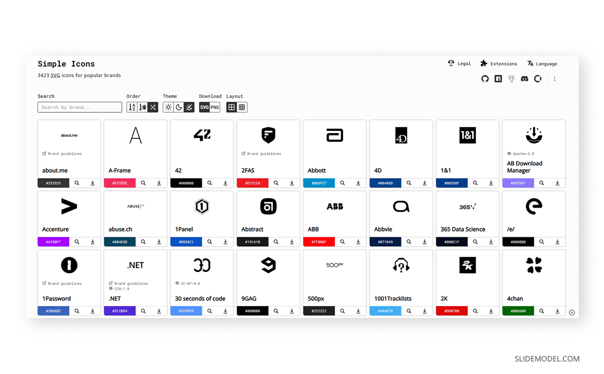 Screenshot of Simple Icons website showing tech stack icons