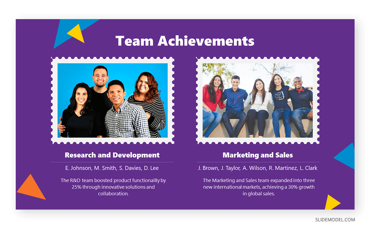 PowerPoint how many slides per minute Slide highlighting a company's team achievements by department