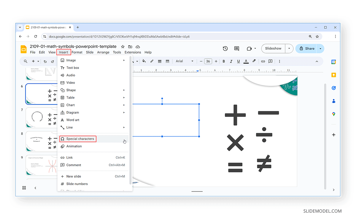 Accessing the special characters menu in Google Slides