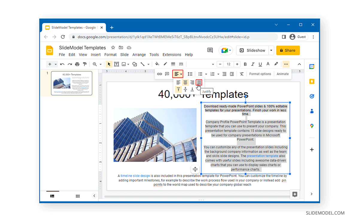 Justify alignment for text in Google Slides