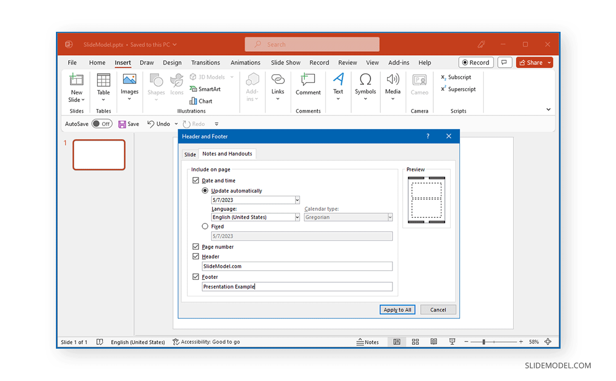 Notes and Handouts options in PowerPoint