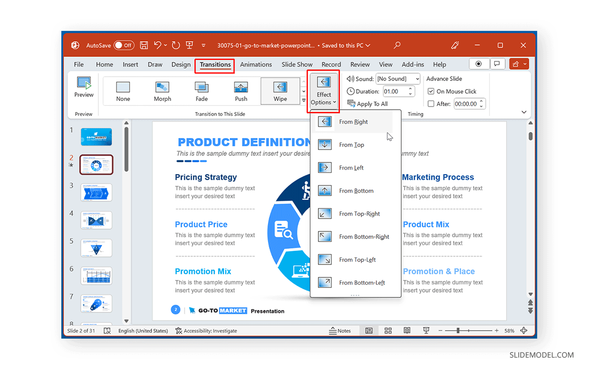 Effect Options for Transitions in PowerPoint