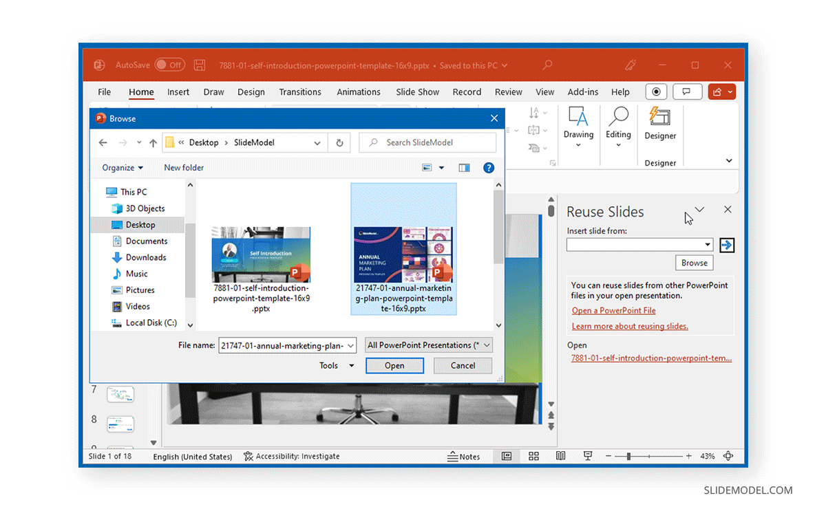 Select PowerPoint presentation to reuse