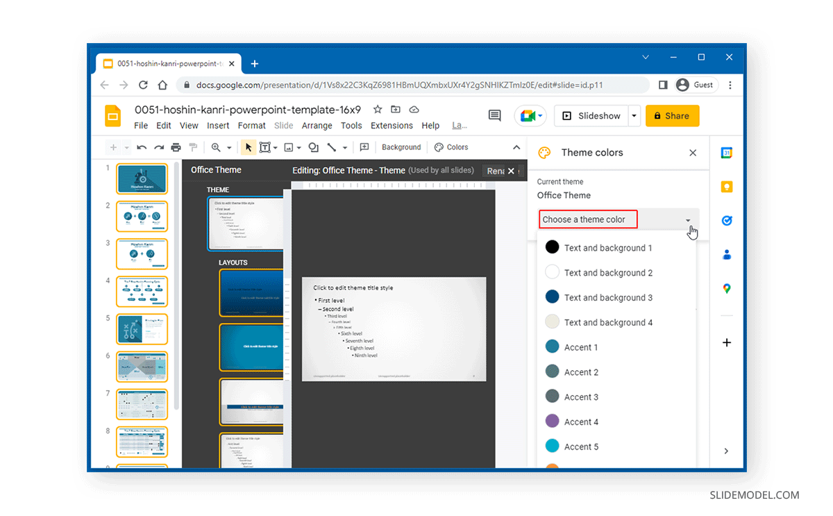 Selecting a theme color option in Google Slides