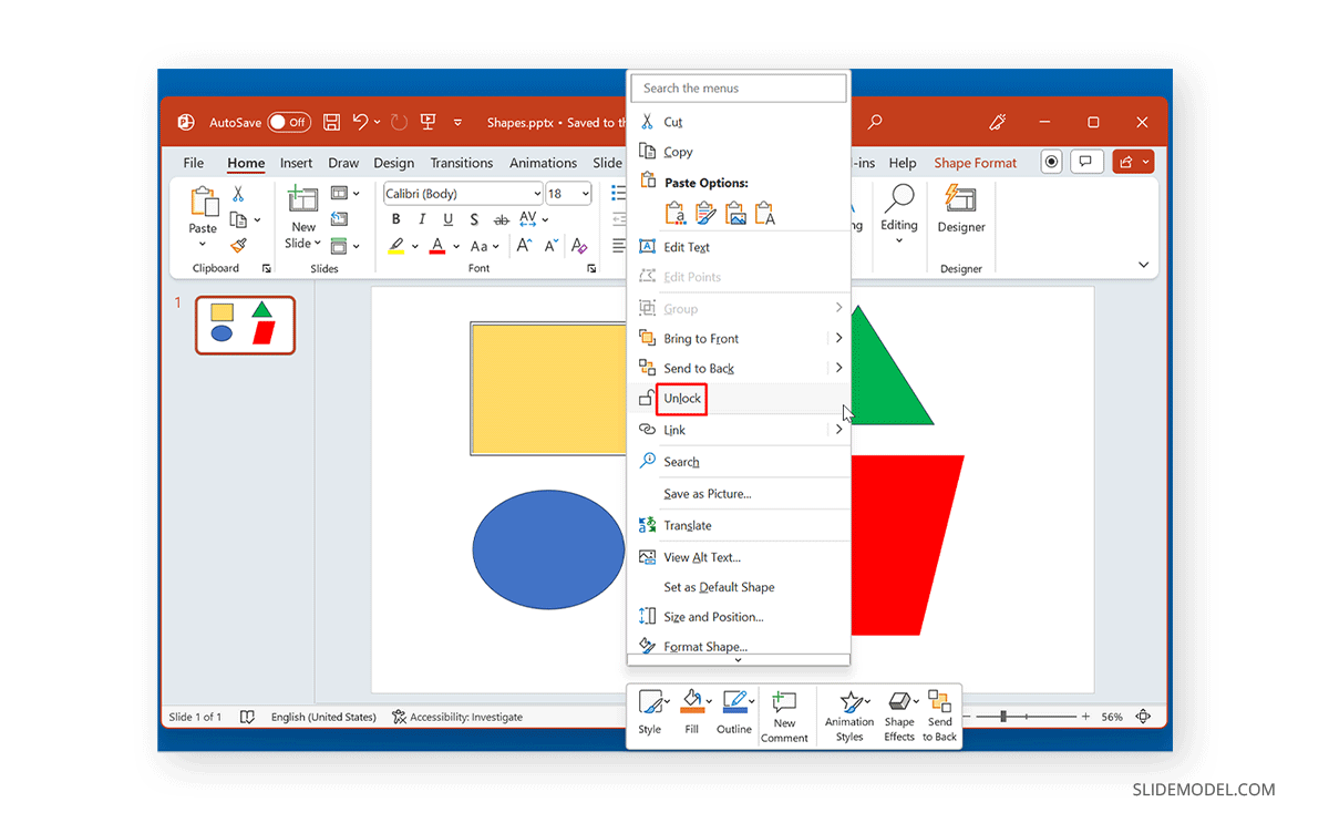 Unlock shapes in PowerPoint