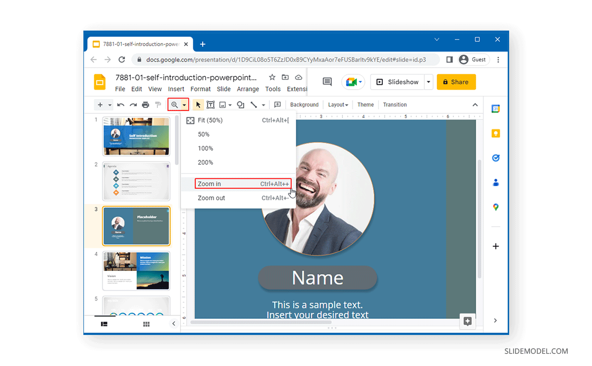 How to zoom in Google Slides
