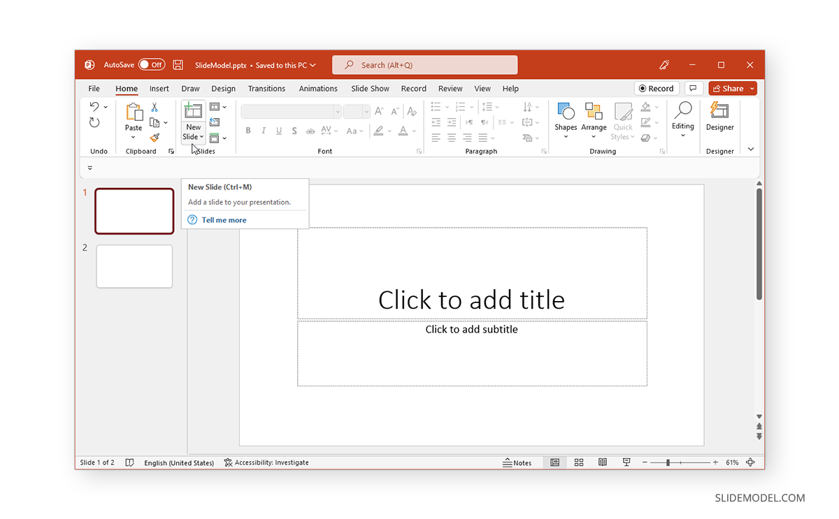 adding a slide in PowerPoint using the hotkey shortcut