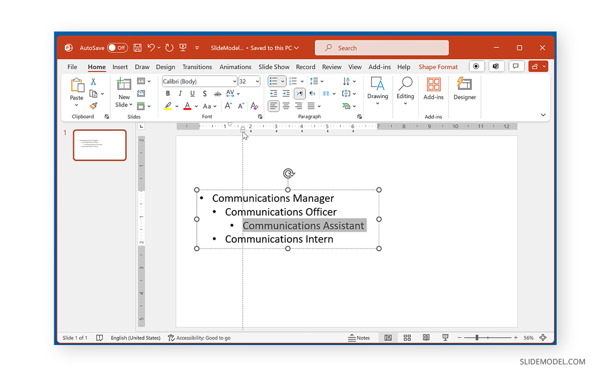 Using ruler to increase indent level