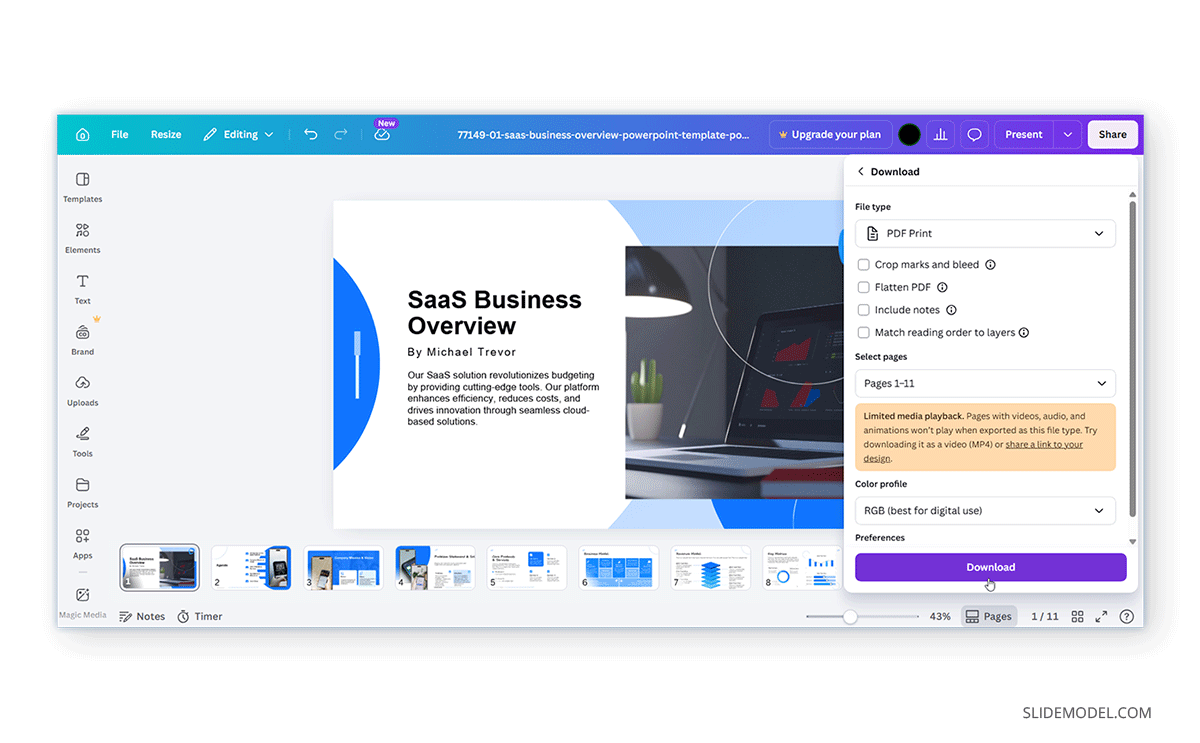 Remove Canva animations by using PDF export