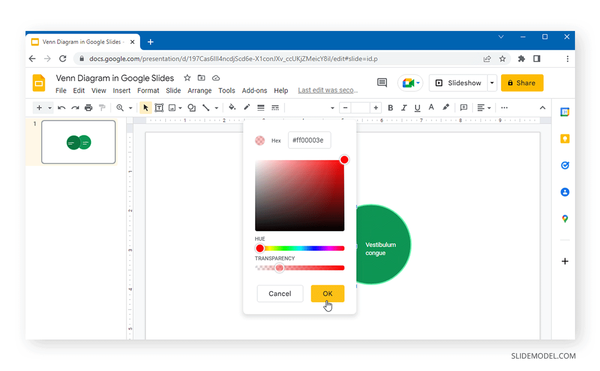 customizing transparency and hex color value in venn diagrams made with diagram tool in Google Slides