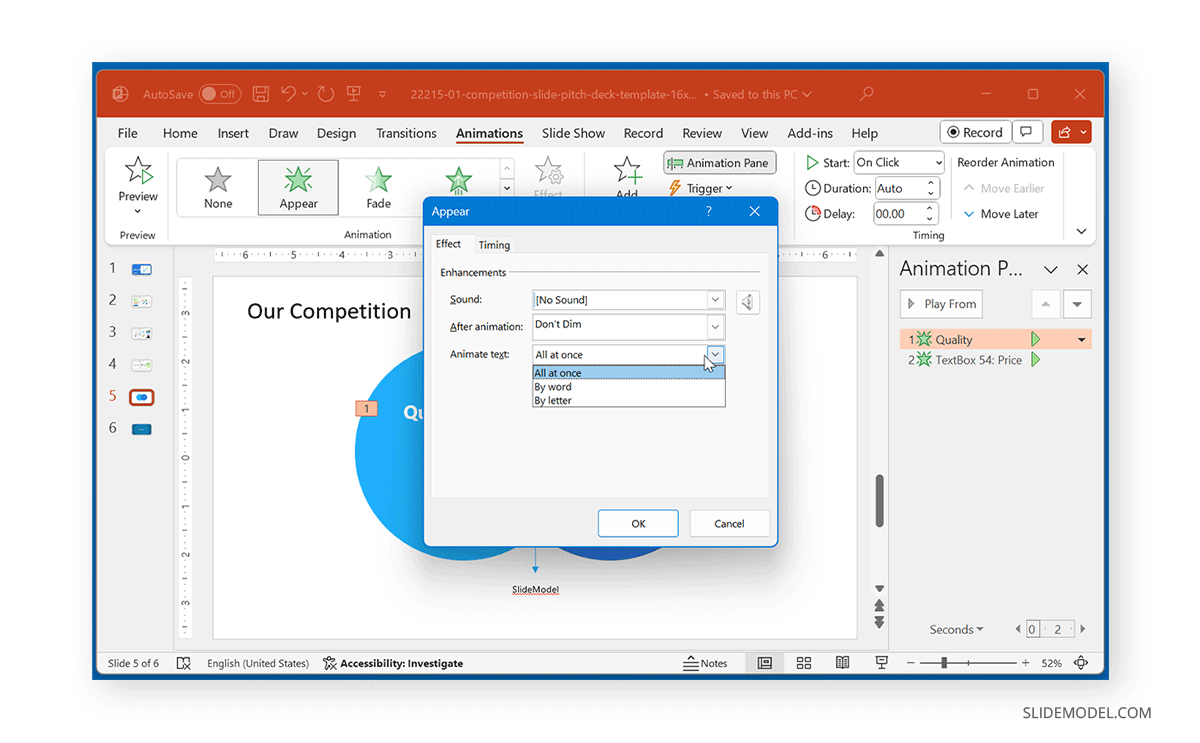 Animation settings in PowerPoint