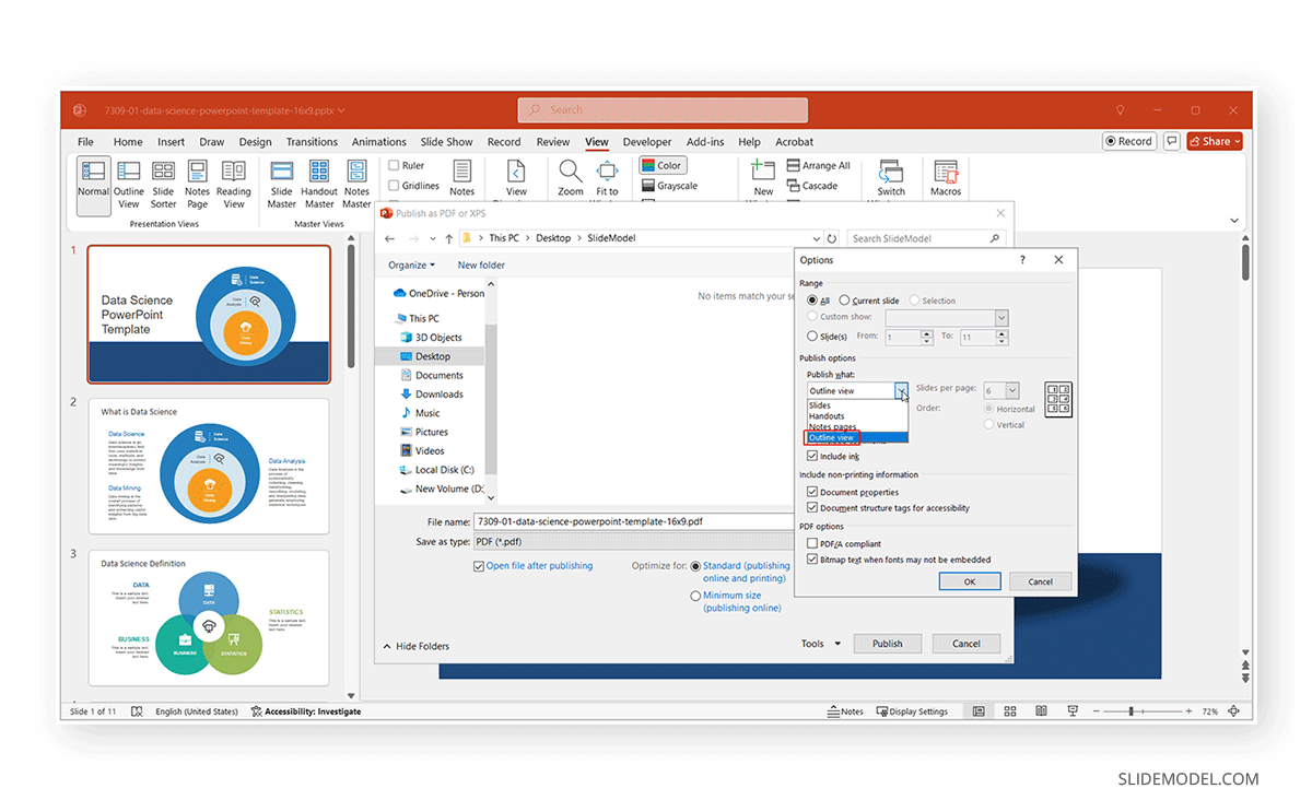 Exporting a presentation outline to PDF format from PowerPoint