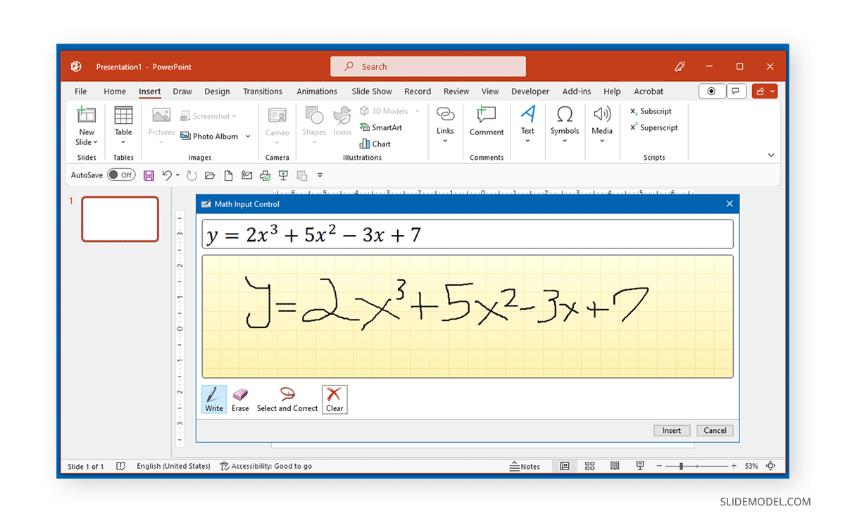 Handwriting equation with exponents in PowerPoint