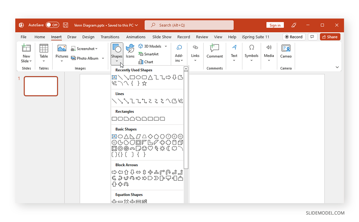 Inserting shapes to create Venn diagram in PowerPoint