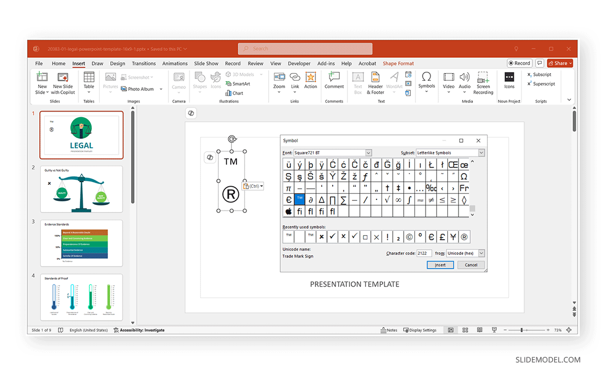 How to add a trademark and registered symbol in PowerPoint