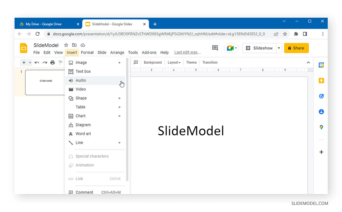 inserting an audio file for voiceover in Google Slides