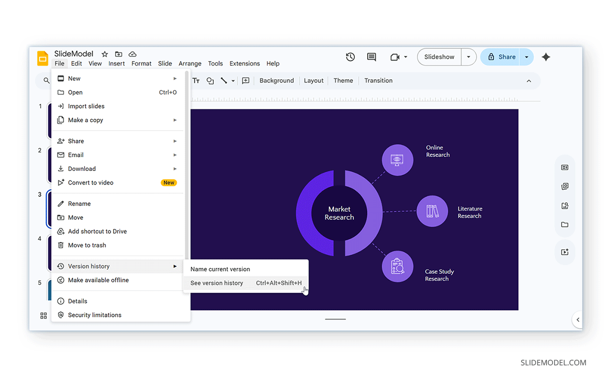 Browsing for Version History in Google Slides menus