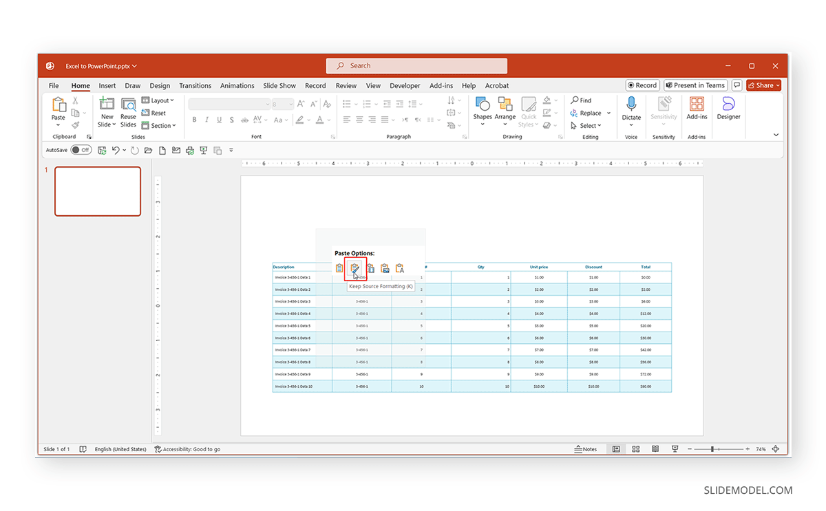 Pasted Excel table in PowerPoint with Keep Source Formatting