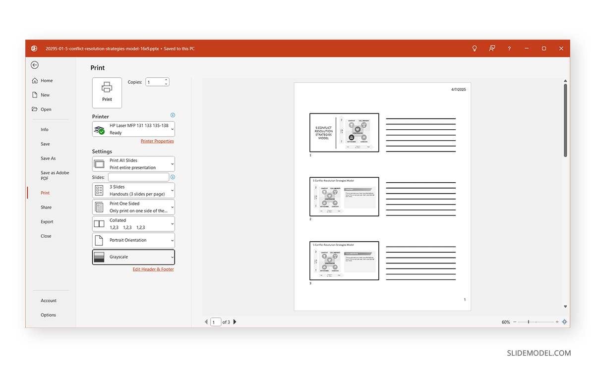 Print menu for PowerPoint presentation handouts with proper margins