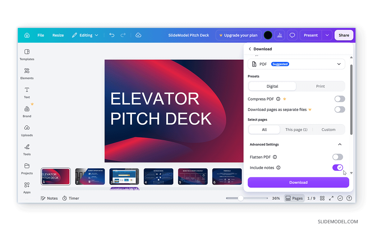 Printing notes from presentation in Canva