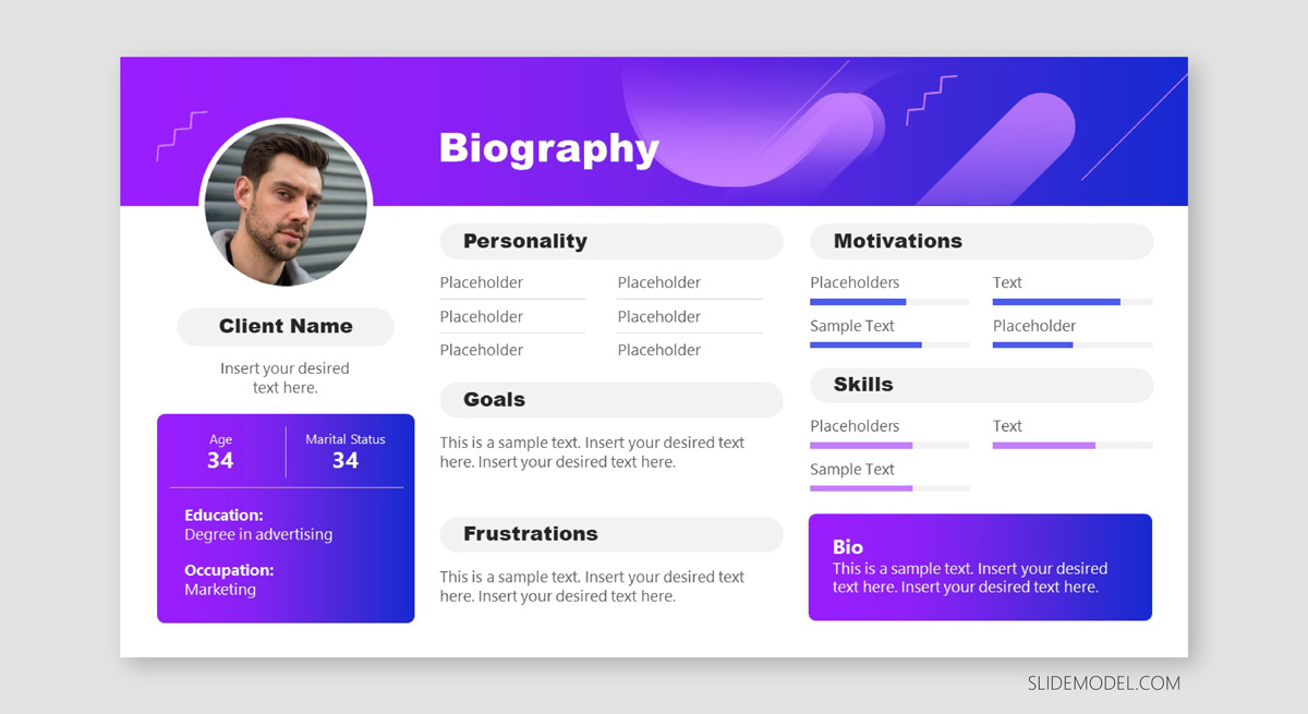 Biography template design for professional Bio presentations, showing Personality, Goals, Frustrations, Motivations and Skills