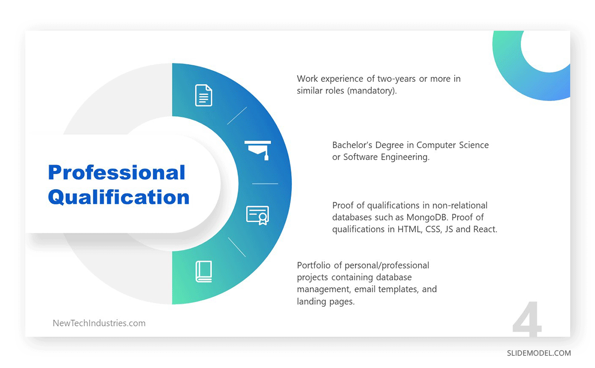 Slide that shows the requirements in terms of professional qualification and experience for a junior software developer role.