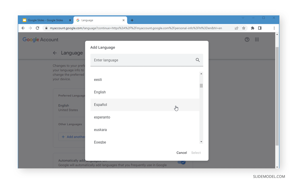 Select a new language to change language in Google Slides