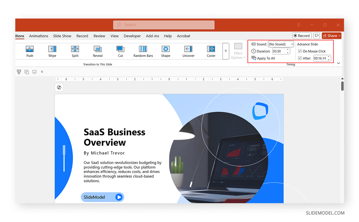 Editing transitions in PowerPoint for rehearse timing