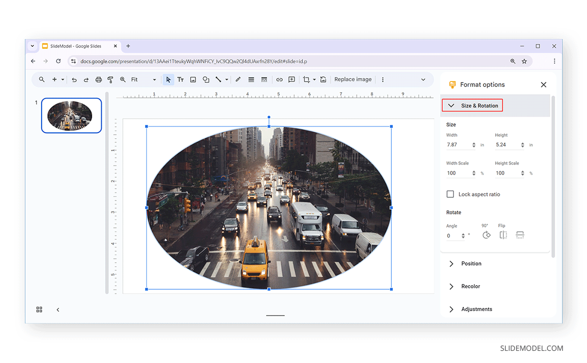 Using size and rotation options for image crop in Google Slides