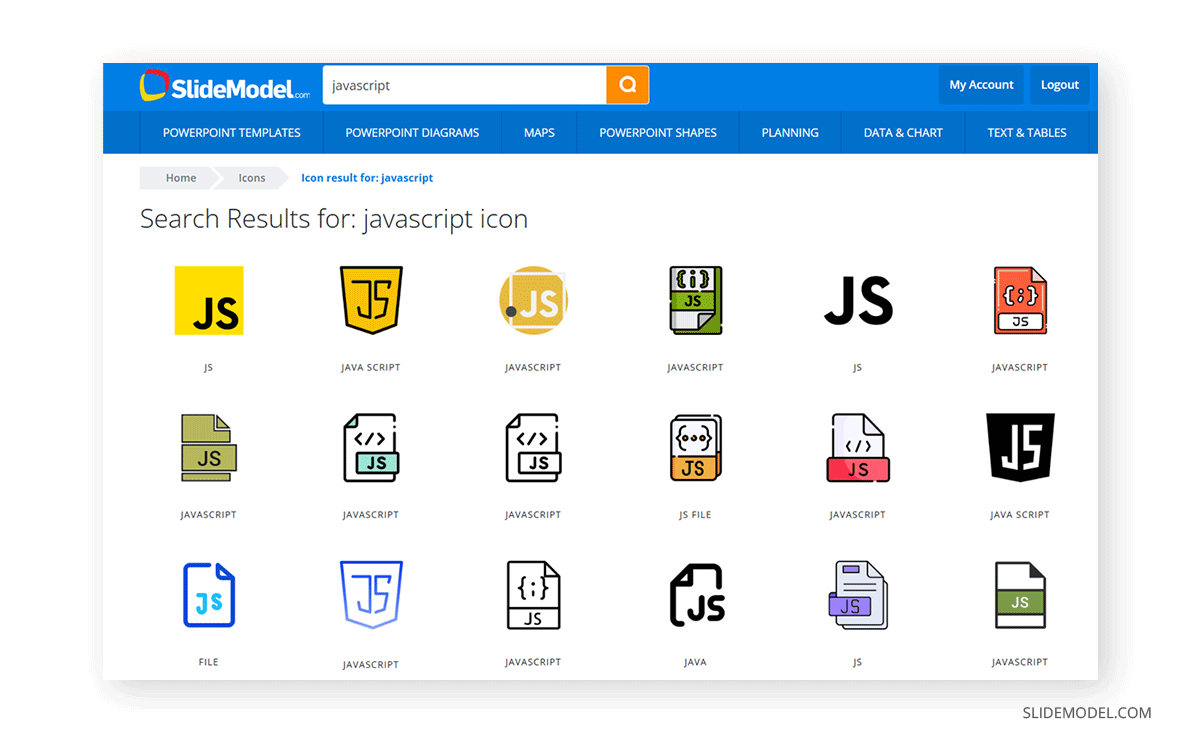 Sample search at SlideModel Icons to browse for JS icons