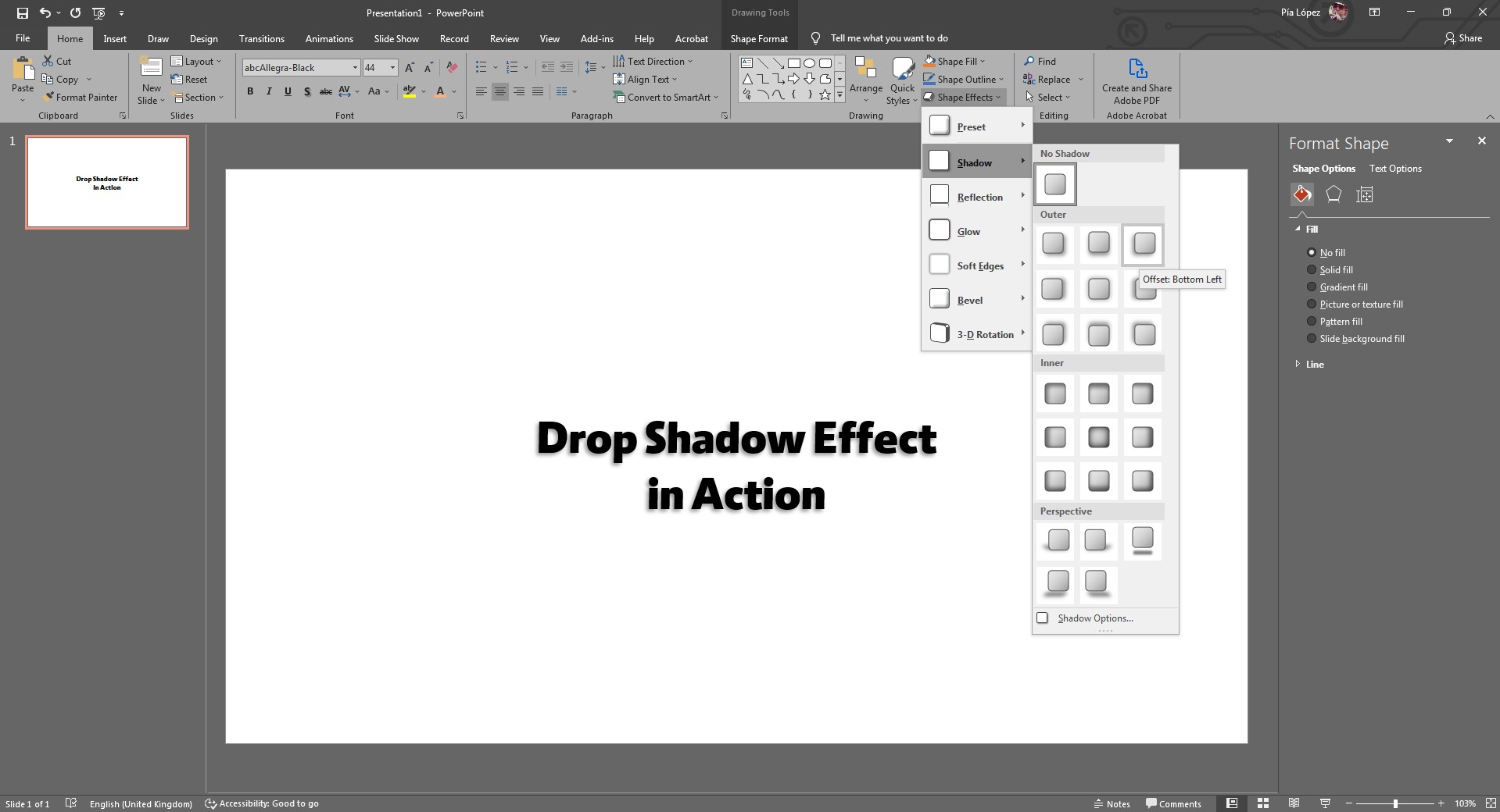 shadow effects in the shape effects menu