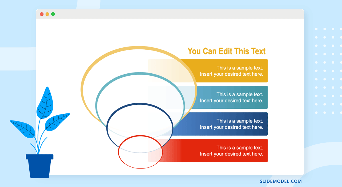 Balance between text and graphics in slides - Example showing a funnel slide design with four levels.