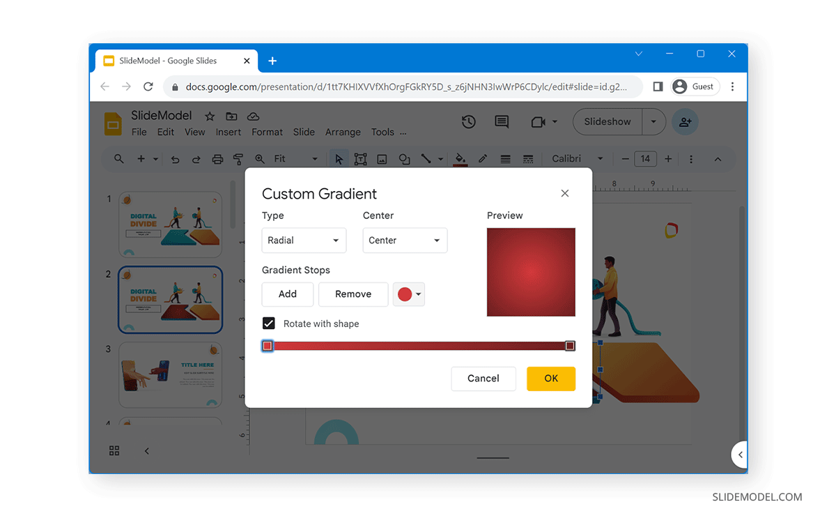 Settings to create a custom gradient in Google Slides